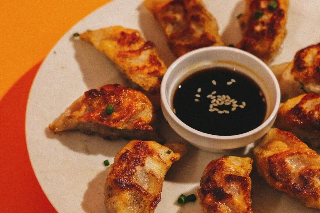 Gyoza served with a sauce bowl of dark soy sauce.