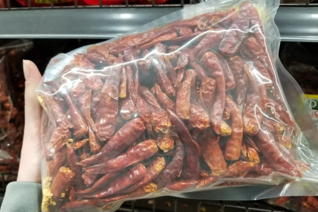 A packet of dried chipotle peppers from a Korean store.