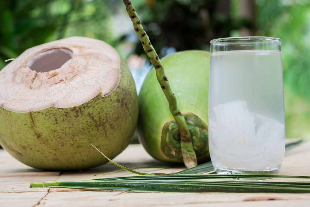 A class of coconut water next to a coconut.