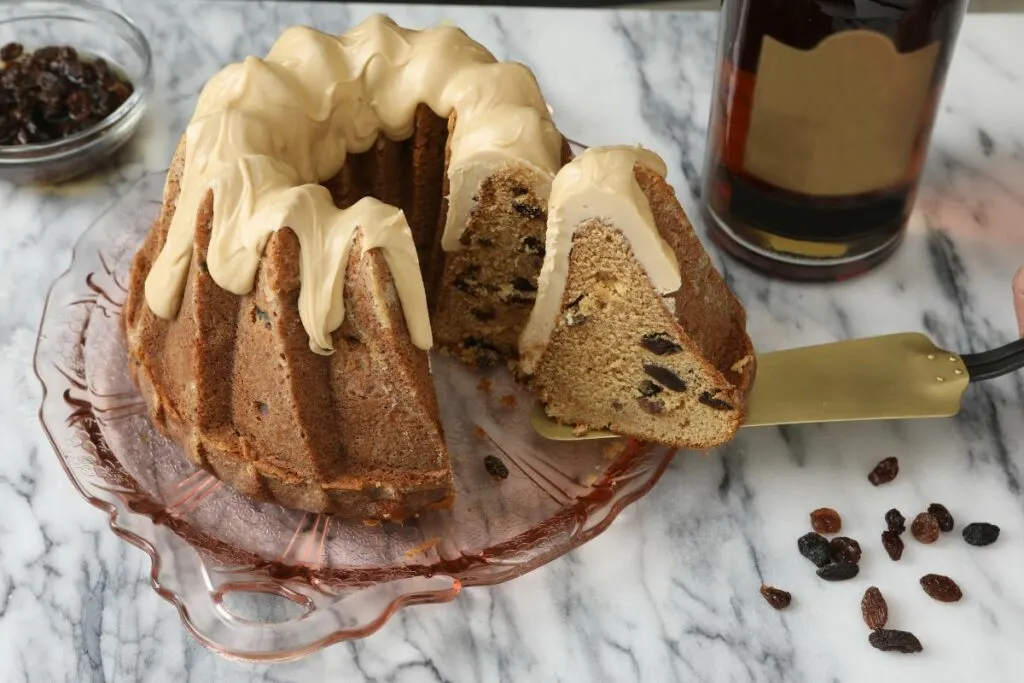 A plate of delicious rum raisin bundt cake.