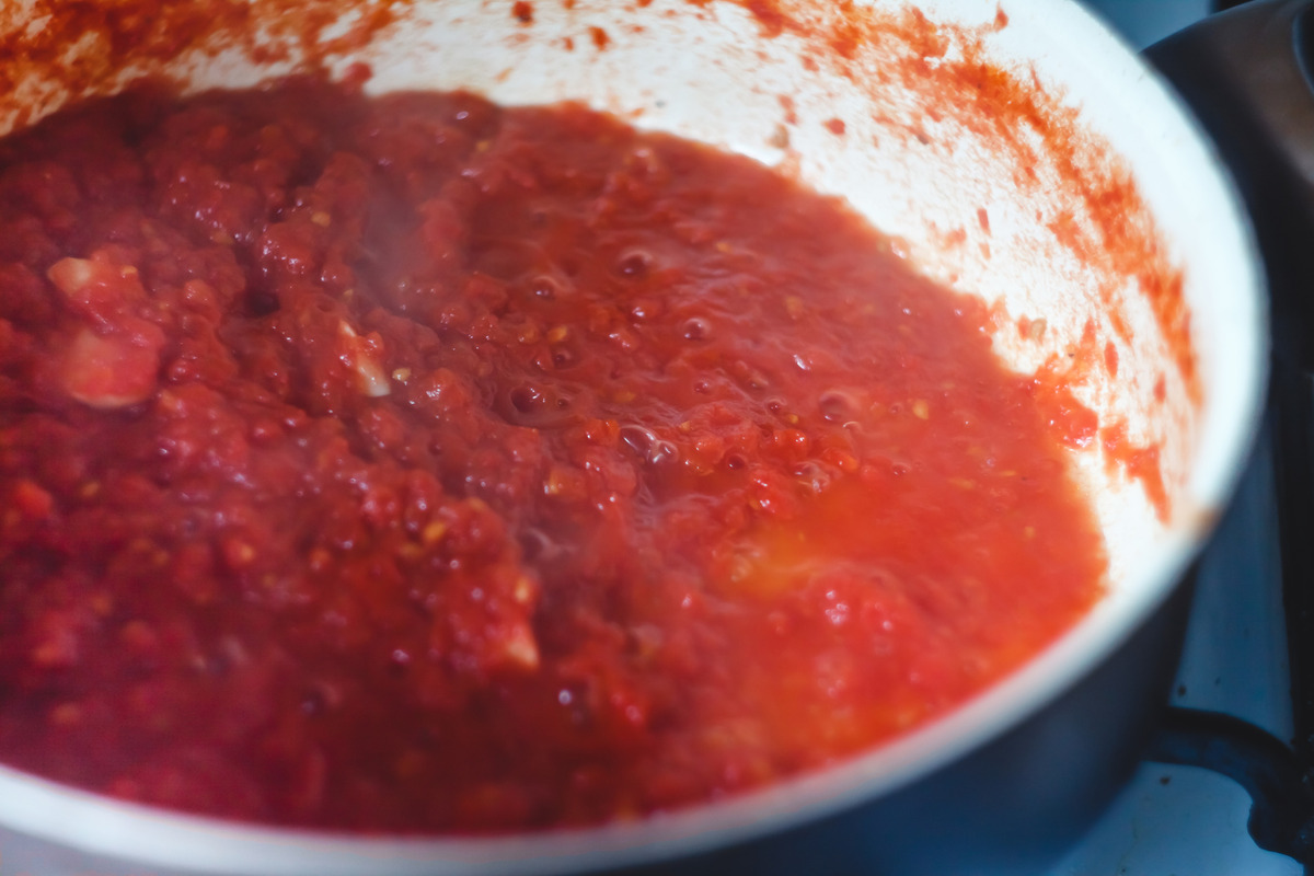 A pot of tasty marinara sauce.