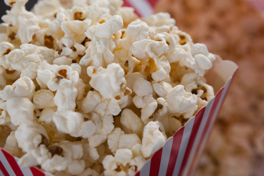 A closeup of classic movie theater popcorn.