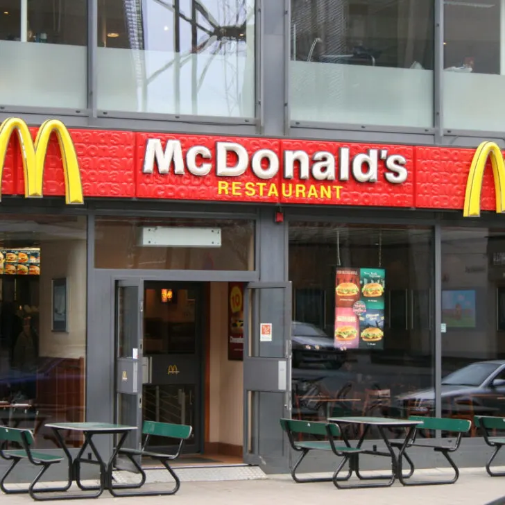 The front of a McDonald's restaurant.