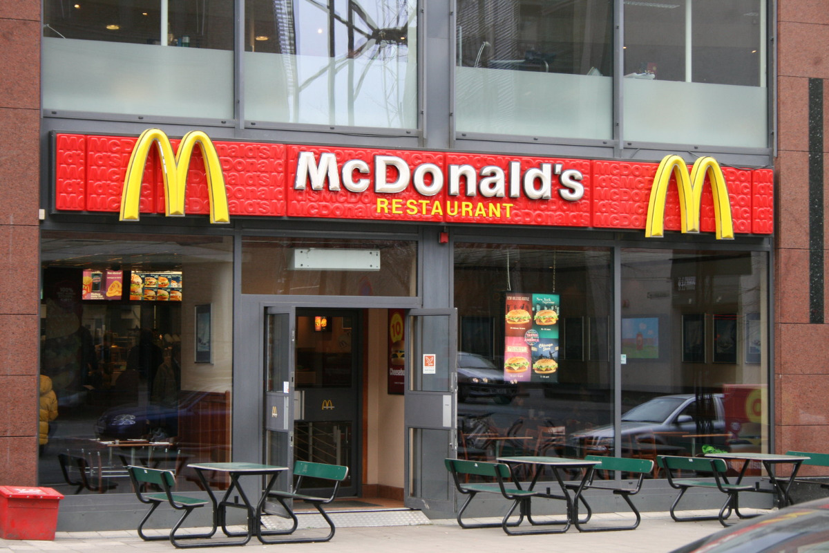 The front of a McDonald's restaurant.