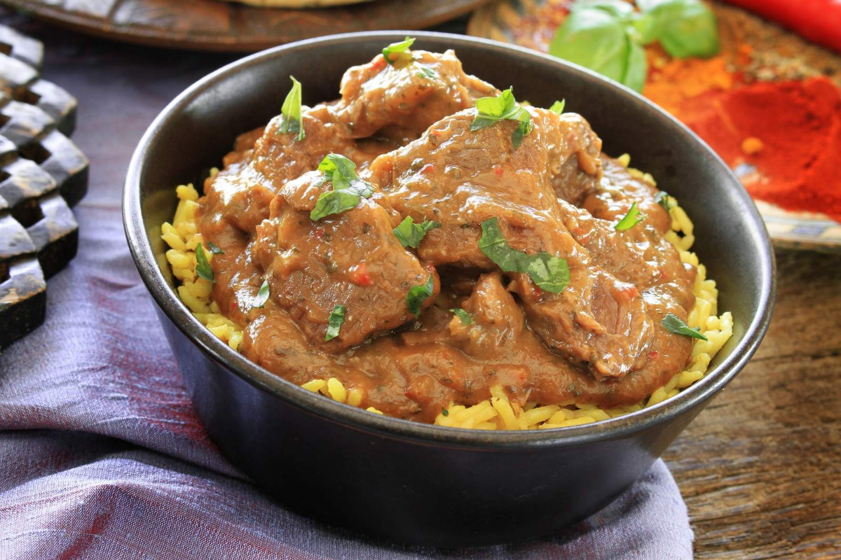 A bowl of Indian chicken Madras curry.