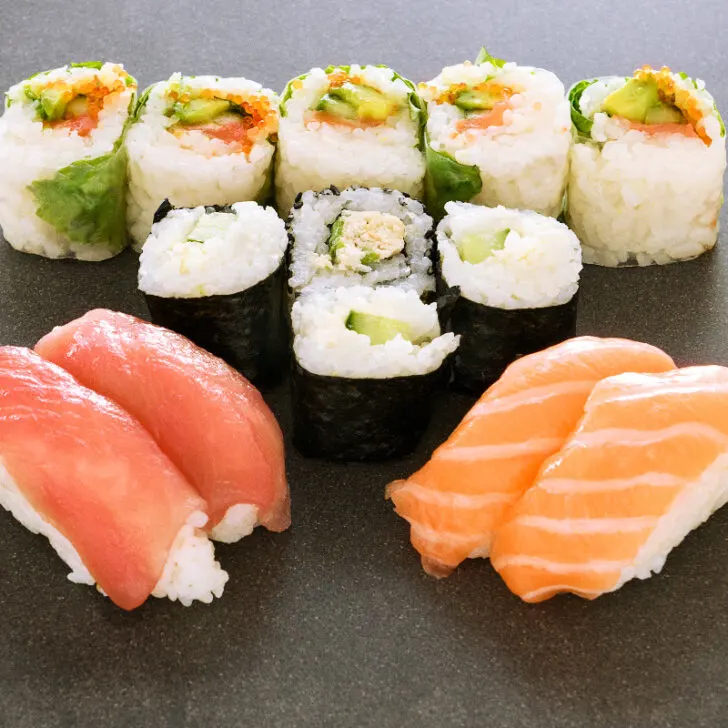 An assortment of various types of sushi.
