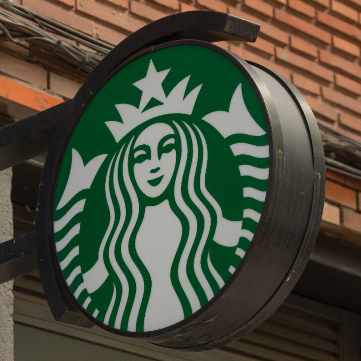 Outside sign of a Starbucks coffee shop.