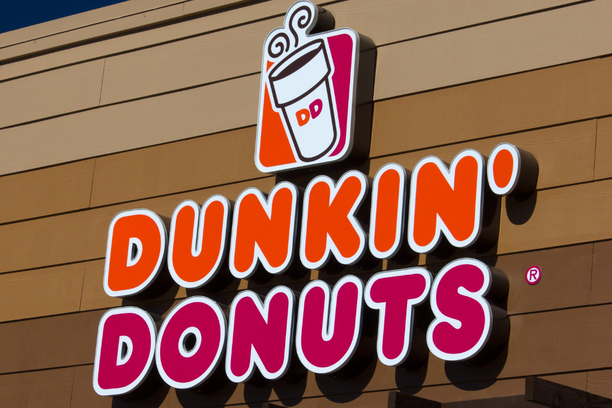 The outside logo of a Dunkin' Donuts restaurant.